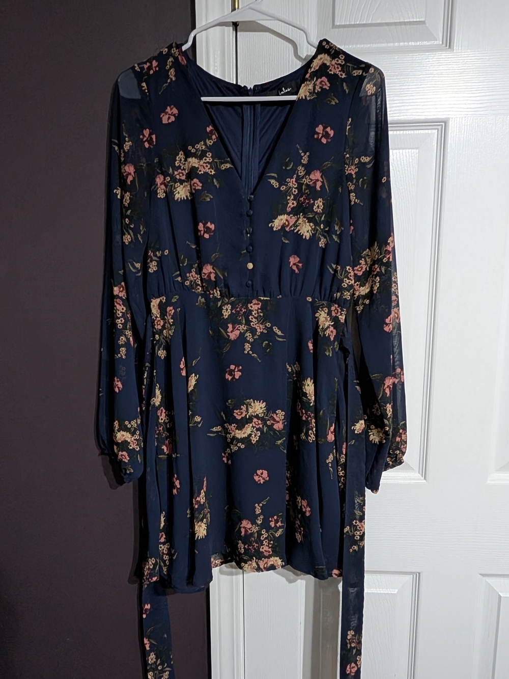 Lulu's Navy Floral Long-Sleeve Wrap Dress